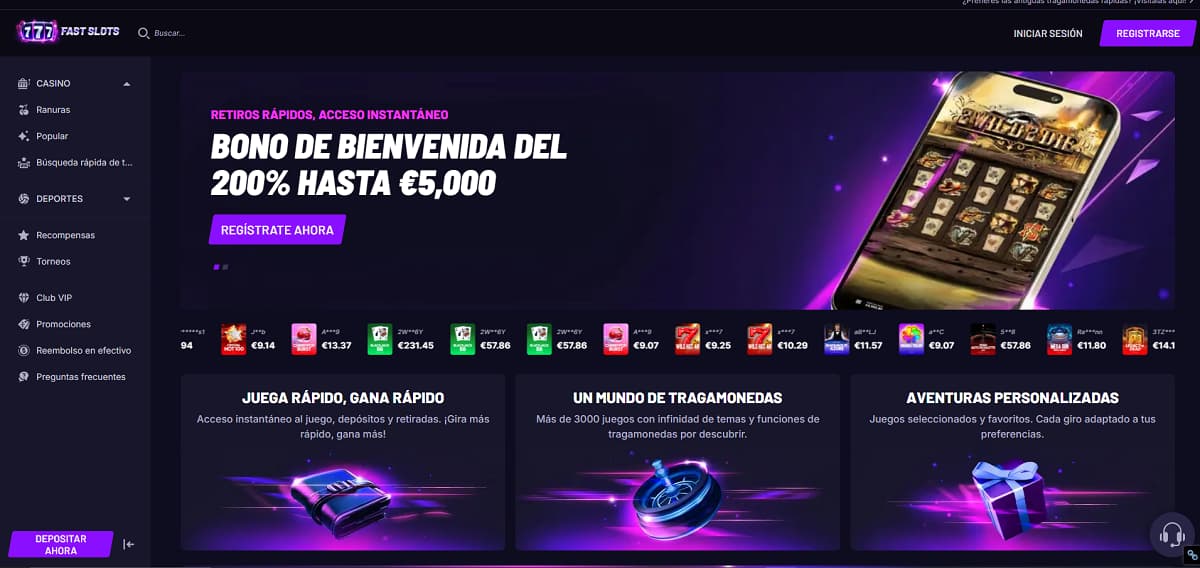 Captura de pantalla de la página de inicio de 777 Fast Slots con un banner que promociona un bono de bienvenida: 200% hasta €5,000, 50 free spins y 10% de cashback semanal.