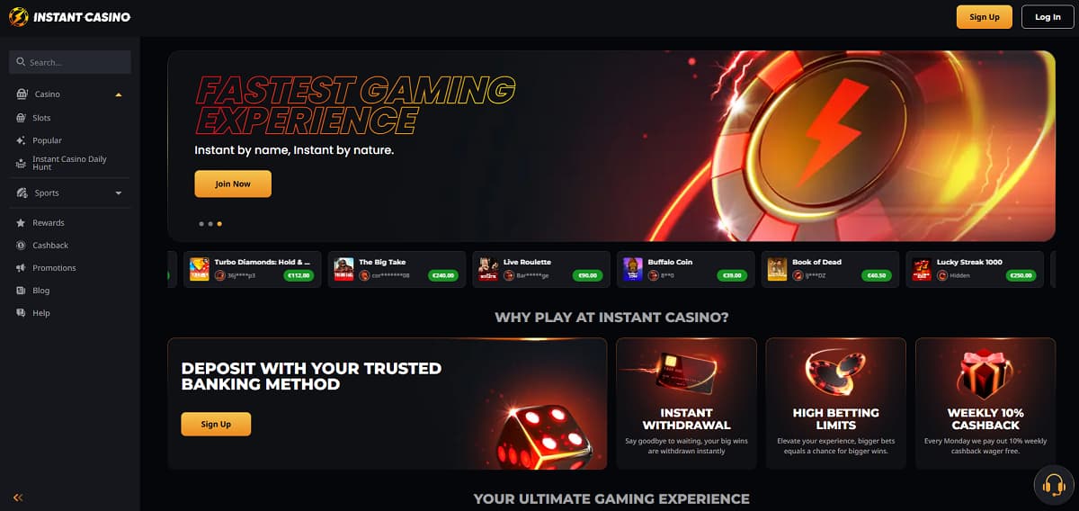 Captura de pantalla de la página de inicio de Instant Casino con un banner de colaboración con el club de fútbol Juventus y una selección de juegos de casino como Chaos Crew 2.